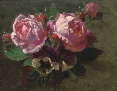 A bouquet of roses and pansies