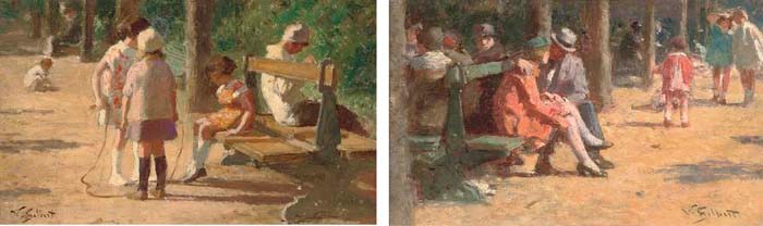Children in a park; and A couple on a park bench
