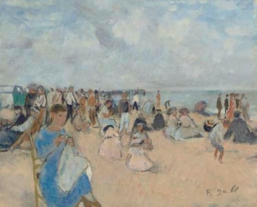Eugènie brodant sur la plage d'Arcachon