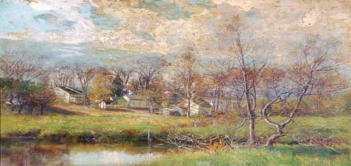 Houses by a stream in an autumn landscape
