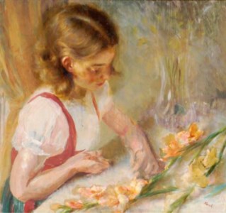 Young girl trimming gladioli