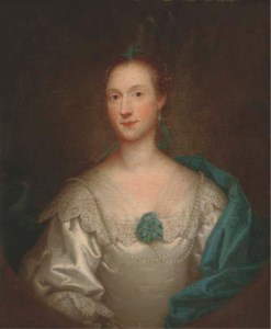 Portrait of a lady, bust-length, in a white dress and blue wrap