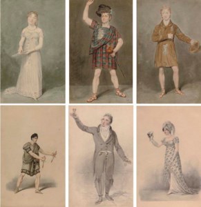 Miss S. Booth as Amanthis in The Child of Nature ; Mr Sinclair as Apollo in Midas ; Mr Rae as Norval in Douglas; Miss Walstein as Letitia; Kean as Macbeth; An unidentified actor holding up wine glass
