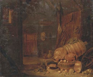 A barn interior with copper pots, wooden barrels and a cat drinking milk nearby