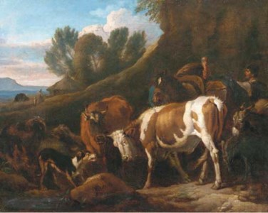 A peasant with cows, a mule, sheep, a donkey and a turkey in an Italianate landscape