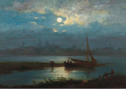 A moonlit riverlandscape with a town in the distance