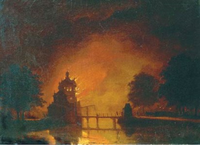 A tower ablaze