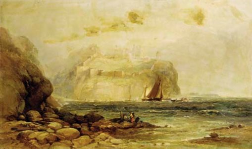 A coastal view with figures on the rocks in the foreground and a castle beyond