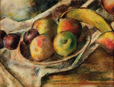 Apples, plums and a banana on a tabletop