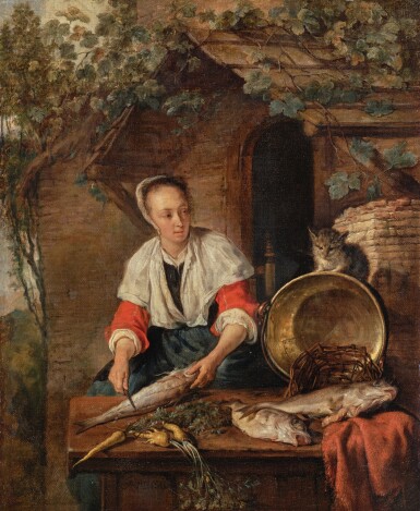 Gabriël Metsu, A maid cleaning fish outside a house
