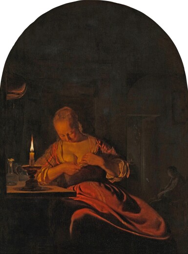 FRANS VAN MIERIS, THE ELDER, A young woman searching for fleas by candlelight
