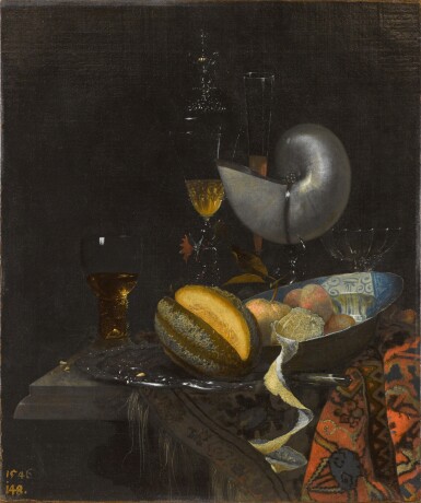 Still life with a nautilus cup, porcelain bowl, with fruit and glasses