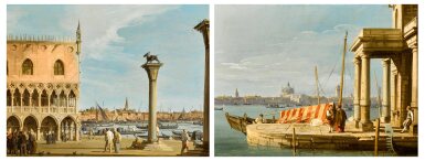 Venice, a view of the Piazzetta with the southwest corner of the Doge's Palace; Venice, a view of the quay of the Dogana