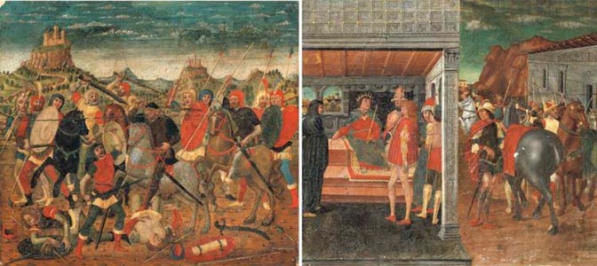 The Death of Uriah the Hittite; and The Announcement of the Death of Uriah to King David and Bathseba: presumably the end panels from a cassone