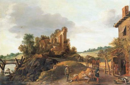 An extensive landscape with soldiers resting by a tavern, a horse and cart and other figures on a road and a ruin on a hilltop beyond