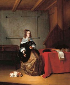 An interior with a woman seated holding an orange by a draped table, a dog at her side, a map of Europe and a spinet behind