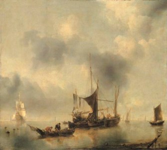 A kaag and a smak in a calm, with fishermen pulling in their catch from a rowing-boat in the foreground, a Dutch frigate and other boats beyond