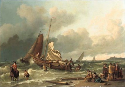A Dutch fishing boat in a squall with an elegant man on horseback in the shallow tide, other fishing vessels beyond