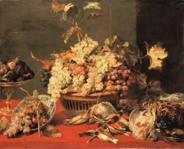 Grapes in a basket and in a Wan-li 'Kraak' porselein bowl with figs in a tazza on a red draped ledge with a woodcock, pheasants, a partridge and other birds