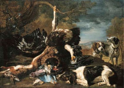 A spaniel, an eagle, a hare and a wicker basket with a jay, finches and other birds overlooked by two hounds, a mountainous landscape beyond