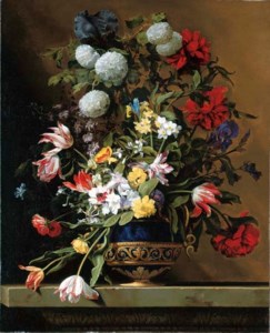 Chrysanthemums, tulips, irises, peonies and other flowers in a lapis vase with gilt ormolu on a sculpted stone ledge