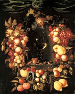 A roemer with walnuts and almonds in a niche surrounded by a garland of lemons, peaches, apricots, oranges, cherries and grapes with a Red Admiral, wasps and ladybirds, a canopy above