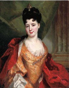 Portrait of a lady, said to be a member of the De Gagne de Pérrigny family, bust-length, in a gold dress embroidered with silver thread and lace trimmings, with a red velvet shawl, wearing a pearl encrusted tiara, in front of a fluted pilaster