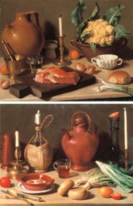 Meat on a chopping-board, a mortar, a glass of water, an earthenware pitcher, a candlestick, a cauliflower in a tureen with oranges, onions, spring-onions and bread on a kitchen table; and Fried eggs in an earthenware bowl, a wine casket and a glass, a copper pitcher, a bottle with candlesticks, citrus fruit, lettuce, cheese and cutlery on a kitchen table