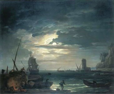 A Mediterranean inlet by moonlight with fisherfolk cooking by a rock, a three-master about to drop anchor and a tower beyond