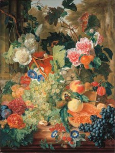 Green grapes on the vine with morning glory, pink and white hollyhocks, a red opium poppy, a walnut, hazelnuts, a split melon, a pomegranate, black grapes, redcurrants, raspberries, greengage plums and other fruit with a wicker basket of black cherries, a melon, plums and apricots on a marble ledge by a fluted column, with a Red Admiral butterfly, a Cabbage White butterfly, a Small Tortoiseshell butterfly, yellow meadow ants, a fly and other insects, a landscape with birch trees beyond
