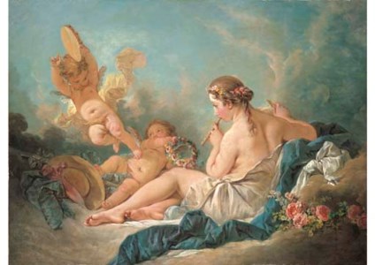 François Boucher, A RECLINING NYMPH PLAYING THE FLUTE WITH PUTTI , PERHAPS THE MUSE EUTERPE