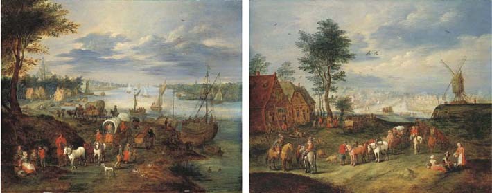 A RIVER LANDSCAPE WITH WAGONS AND TOWNSFOLK ON A PATH AND BOATS; AND AN EXTENSIVE LANDSCAPE WITH A WINDMILL AND FIGURES, A CANAL BEYOND