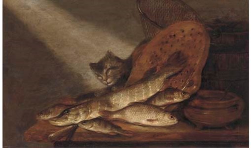A cat, dead fish, earthenware pots and a fishing net on a table