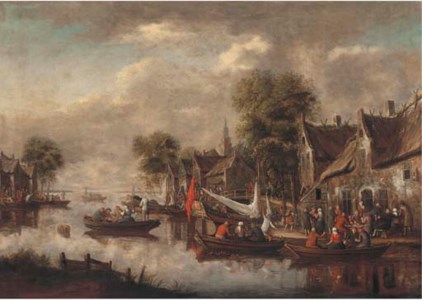 A river landscape with figures merrymaking in boats and outside an inn