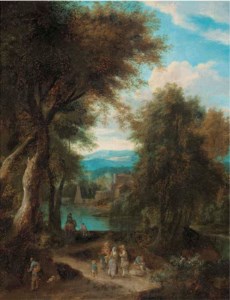 A wooded river landscape with travellers on a track