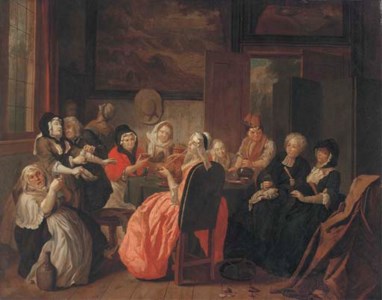 A merry company drinking and smoking in an interior
