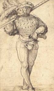 A landsknecht turned to the left carrying a halberd