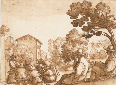 A landscape with a group of men playing cards, two others in the foreground