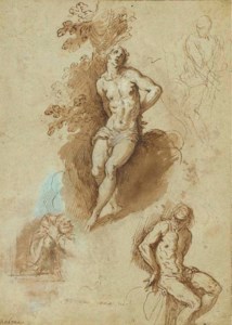 Three studies of Saint Sebastian tied to a tree, with a study of a half-length figure