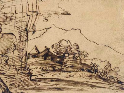 A mountainous landscape with herdsmen and their flock on a path