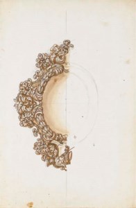 Study for a frame decorated with laurel and acanthus leaves, a soldier in a shield in the lower section