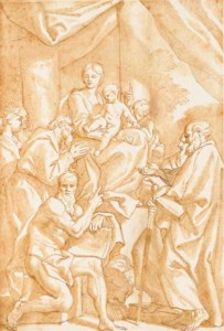 The Madonna and Child seated on a pedestal with the infant Baptist, Saint John, Saint Paul, Saint Jerome and Saint Francis