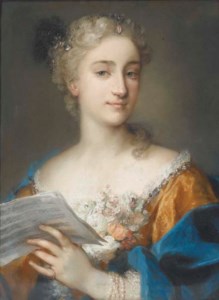 Portrait of a woman, bust-length, holding a musical score
