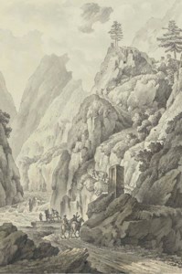 A gorge in the Caucasus, perhaps the valley of the Terek, with travellers on a road