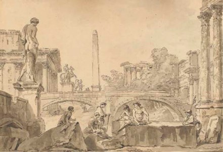 A capriccio with the Temple of Vesta, the Arch of Constantine, an obelisk, the Dioscuri and figures resting on ruins in the foreground