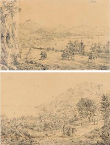 Figures on the promenade at Salerno; and Figures in the hills above the Italian coast (both illustrated)