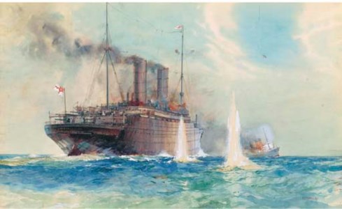 An engagement between the Carmania , under Royal Naval command, and the Hamburg-Amerika liner Cap Trafalgar , in which the latter was sunk
