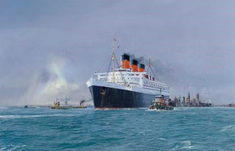 The English liner Queen Mary under tug escort and outward bound from New York on her way to England