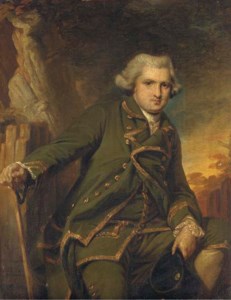 Portrait of Sir William Langham, small three-quarter-length, in a green suit with gold trim, holding a tricorn in his left hand and a walking stick in his right, in a landscape
