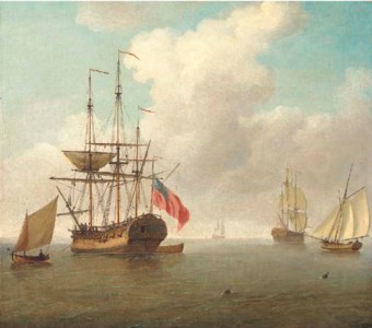 A small man-'o'-war at anchor with cutters under sail